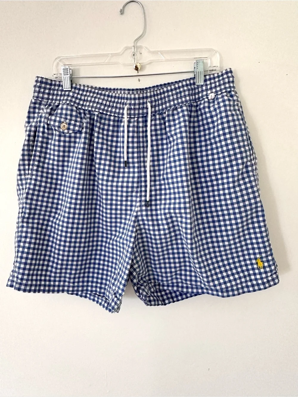 Polo Ralph Lauren Blue & White Check Gingham 6” Traveler Classic Swim Trunks